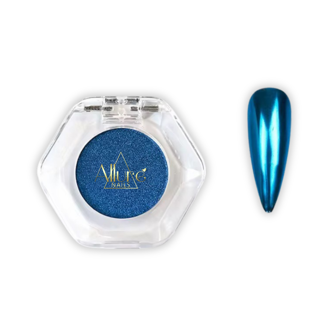 Allure Nails Blue Chrome in a hexagonal container with a matching nail color on a white background