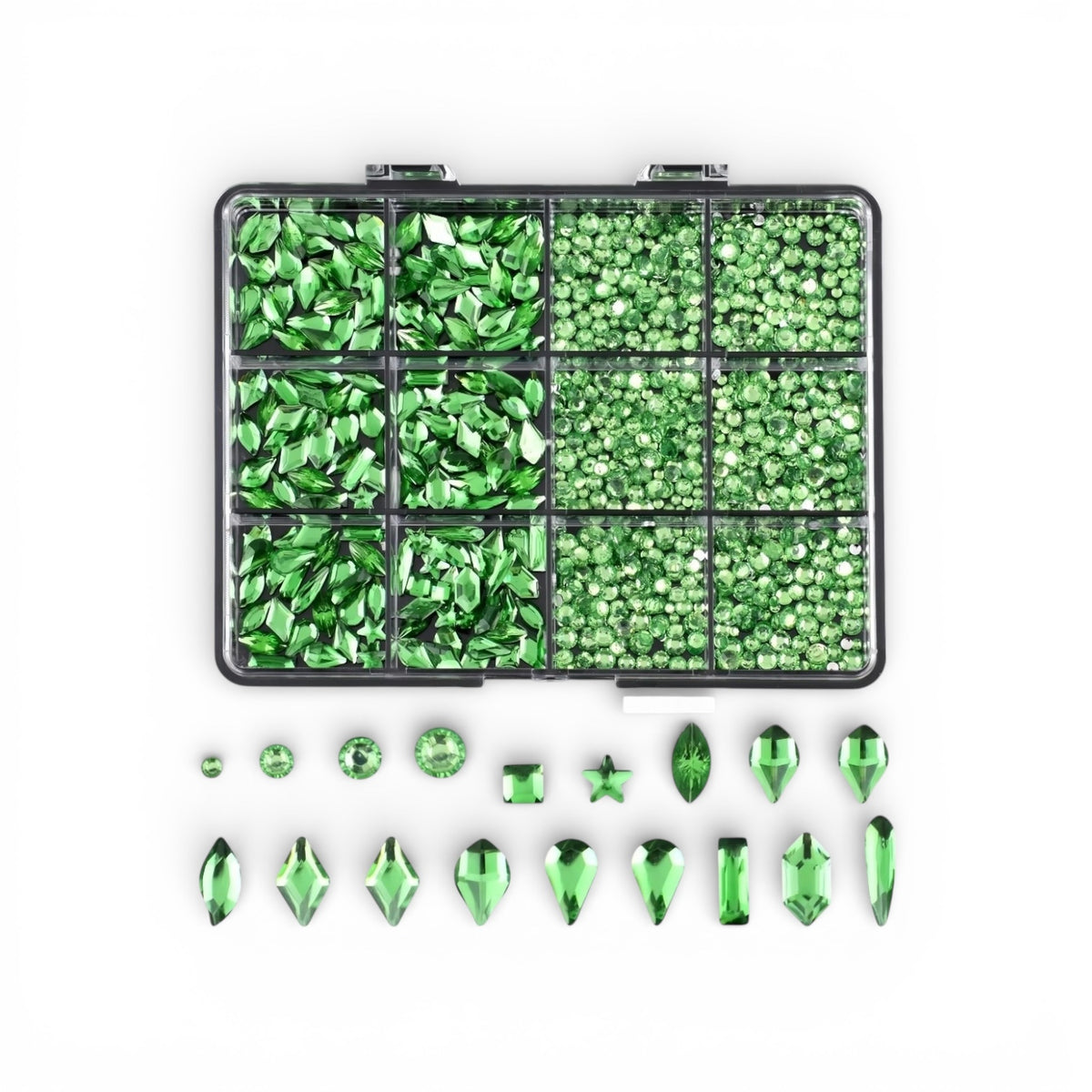 Mixed Shape Rhinestone Nail Art Kit – Multi Size Crystal Charms (12 Grid Box)