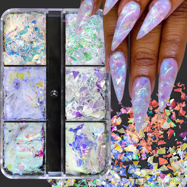 Iridescent Glass Shard Nail Flakes – Multi-Chrome Nail Art Set