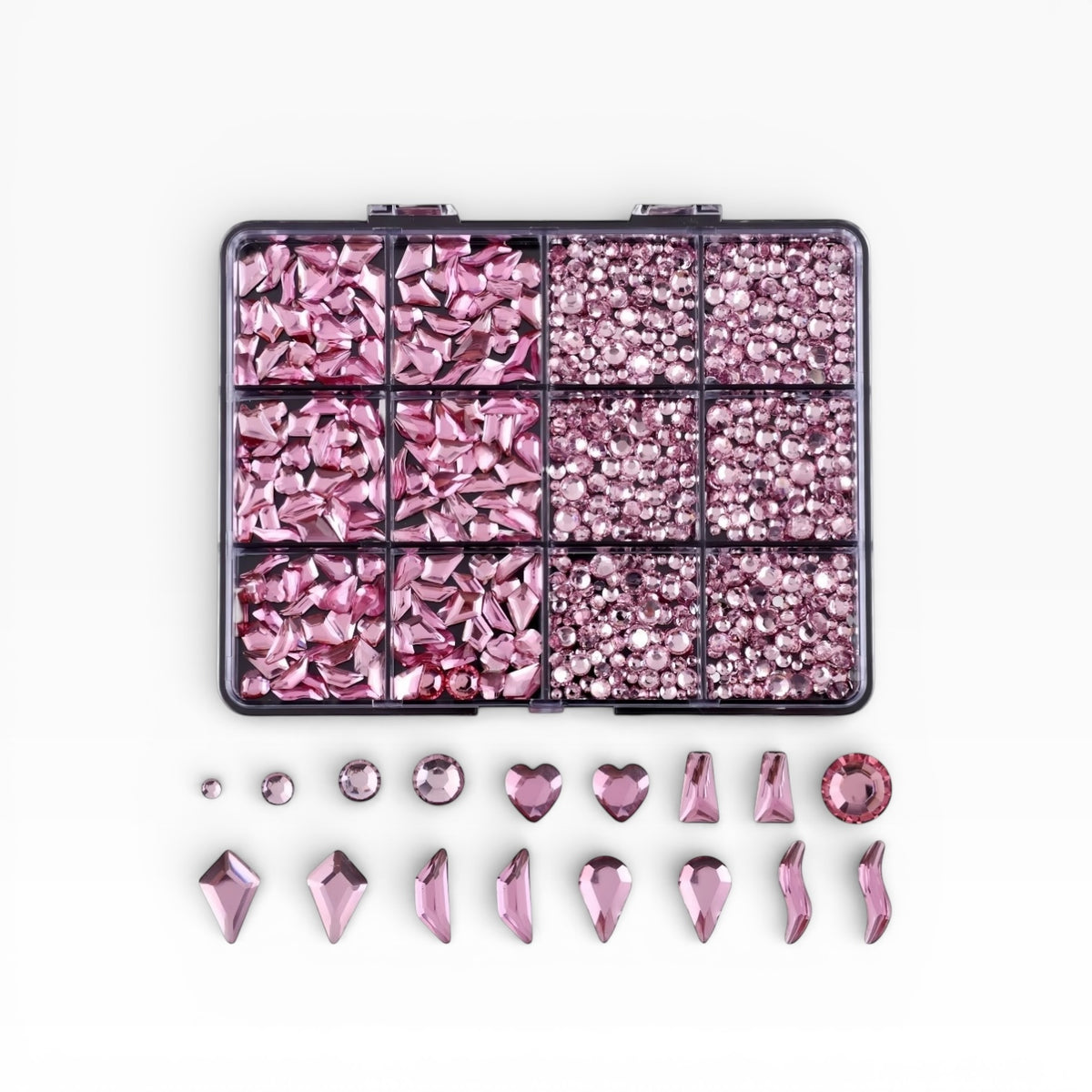 Mixed Shape Rhinestone Nail Art Kit – Multi Size Crystal Charms (12 Grid Box)