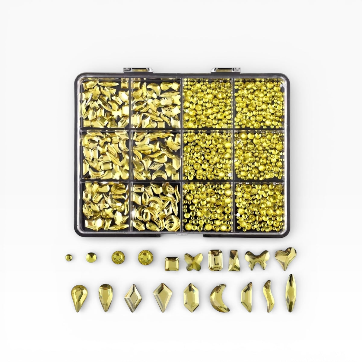 Mixed Shape Rhinestone Nail Art Kit – Multi Size Crystal Charms (12 Grid Box)