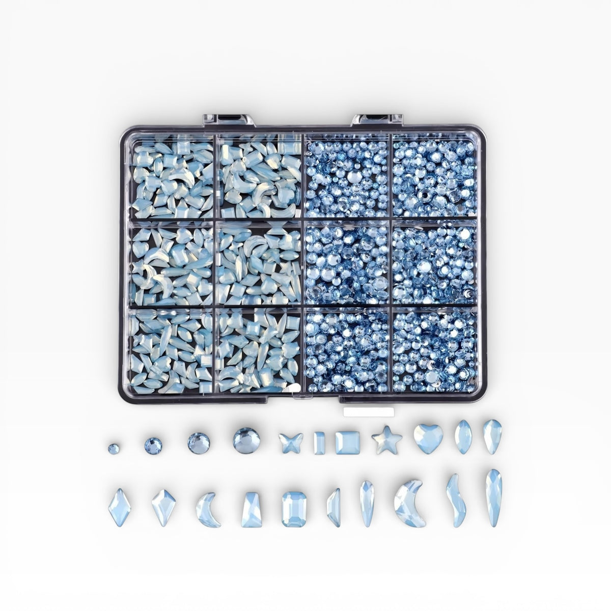 Mixed Shape Rhinestone Nail Art Kit – Multi Size Crystal Charms (12 Grid Box)