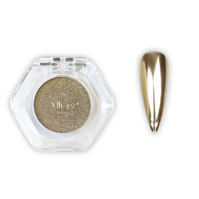 Allure Nails Champagne Chrome in a hexagonal container with a matching nail color on a white background