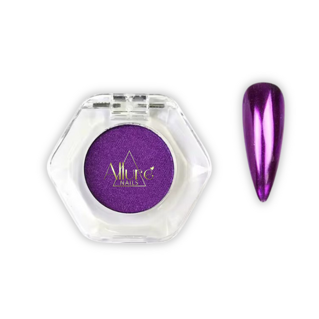 Allure Nails Dark Purple Chrome in a hexagonal container with a matching nail color on a white background