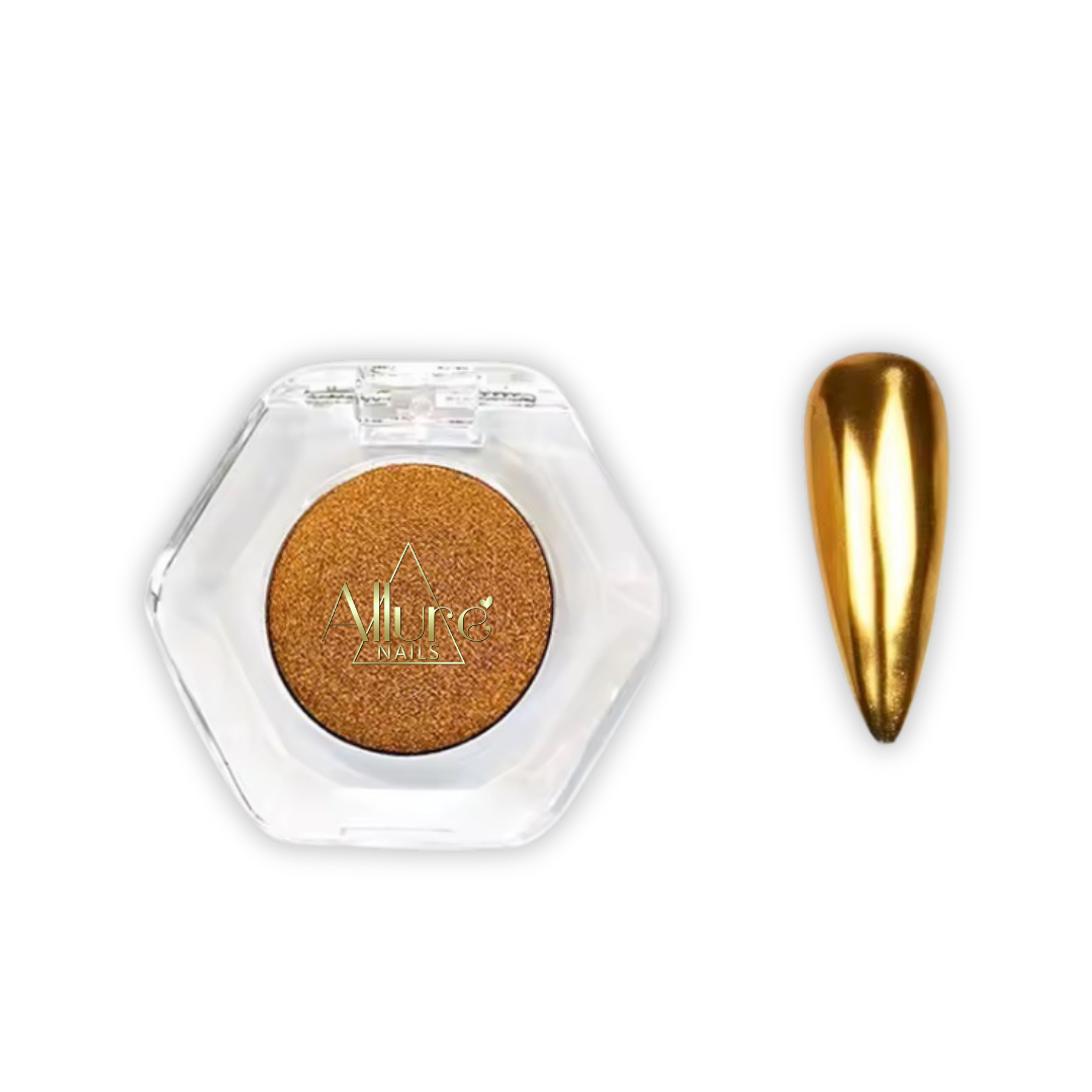 Allure Nails Gold Chrome in a hexagonal container with a matching nail color on a white background