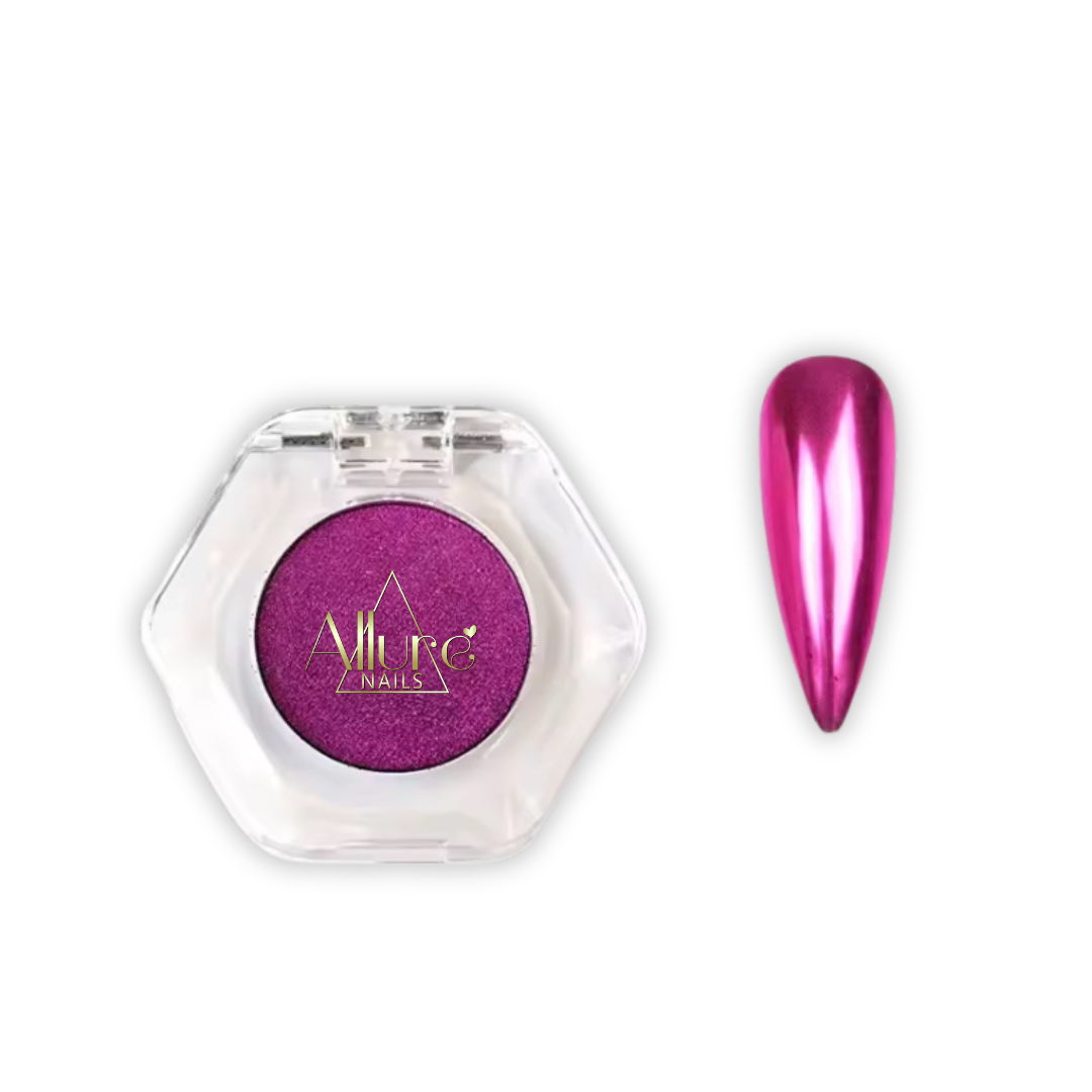Allure Nails Hot Pink Chrome in a hexagonal container with a matching nail color on a white background
