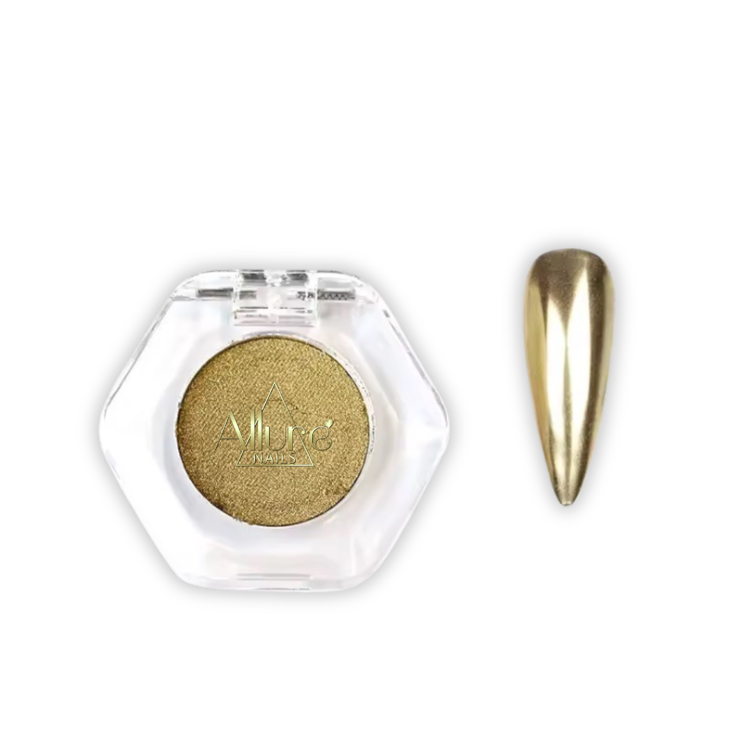 Allure Nails Light Gold Chrome in a hexagonal container with a matching nail color on a white background
