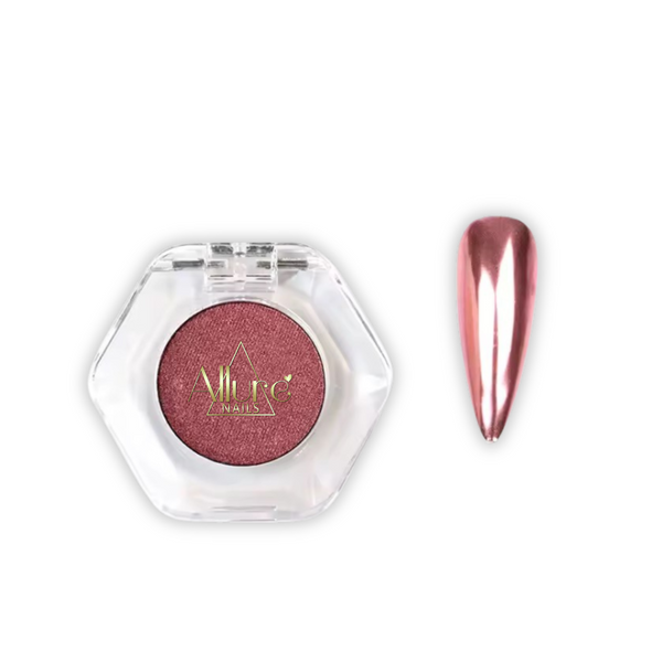 Allure Nails Pink Chrome in a hexagonal container with a matching nail color on a white background