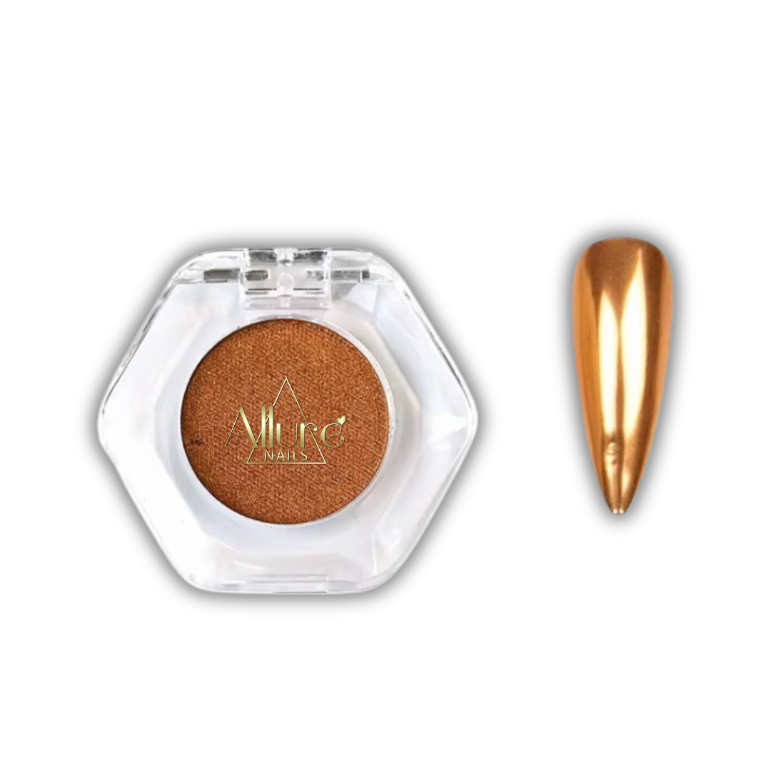 Allure Nails Rose Gold Chrome in a hexagonal container with a matching nail color on a white background