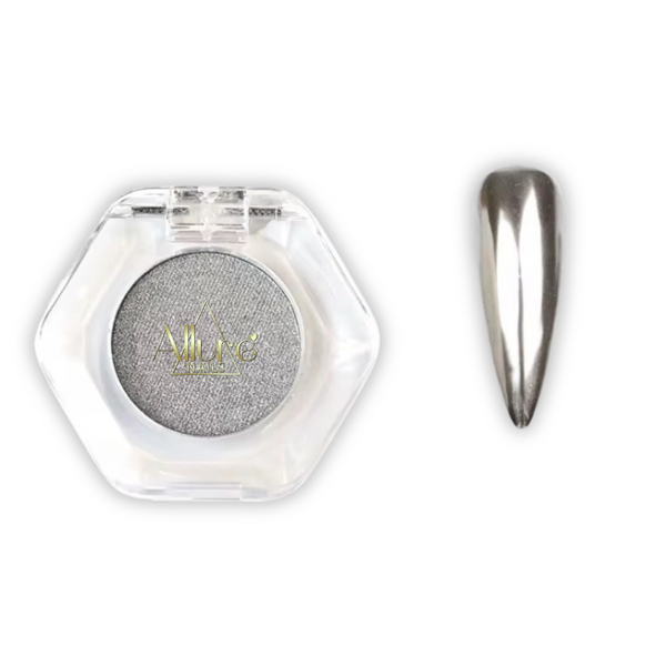 Allure Nails Silver Chrome in a hexagonal container with a matching nail color on a white background
