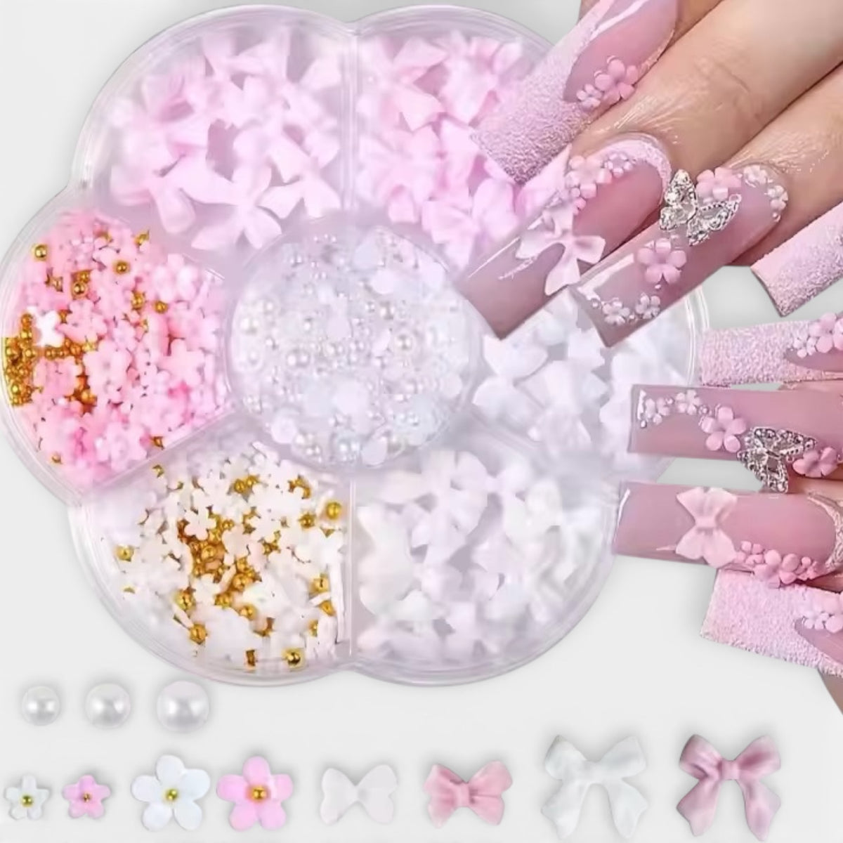 Blush Bow & Floral 3D Nail Charm Wheel – Coquette Bridal Mix