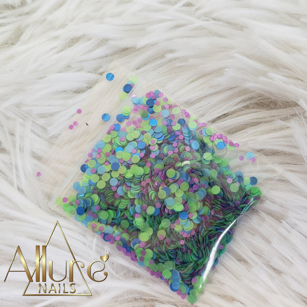 Green Purple and Blue Circle Confetti - Allure Nails PR